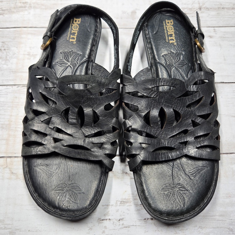 Born Slingback Flat Sandals Women 9M Black Leather Cutout D20403 CQB14
